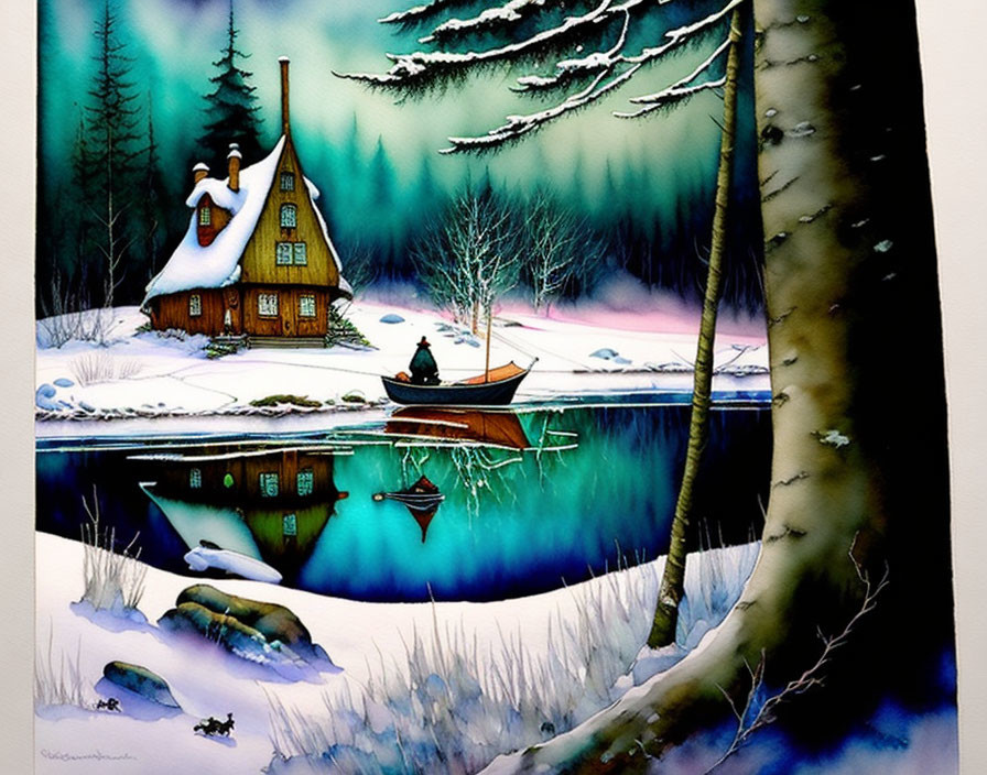 Snowy Landscape with Cozy Cottage, Tranquil Lake, Rabbits, and Boat