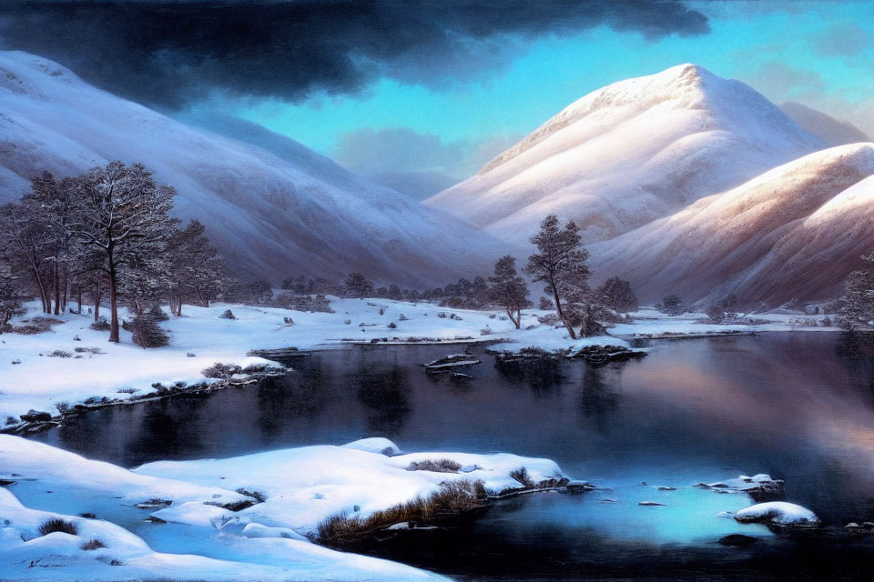 Snow-covered hills, evergreen trees, and calm lake in serene winter landscape