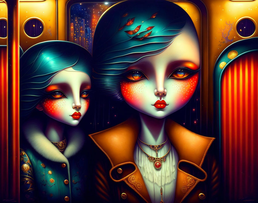 Stylized female figures with ocean-themed hair in vibrant makeup on surreal backdrop