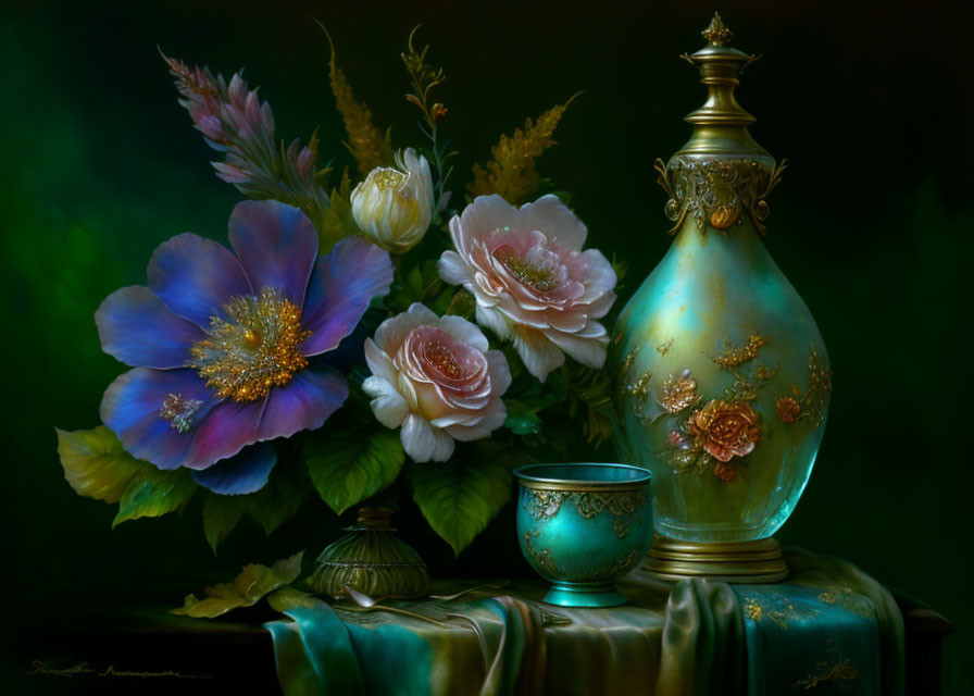 Vivid flowers in decorative vase with cup on draped cloth, dark background