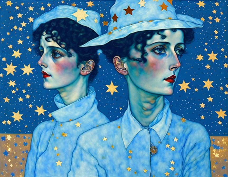 Twin figures in blue outfits with golden stars on starry blue background