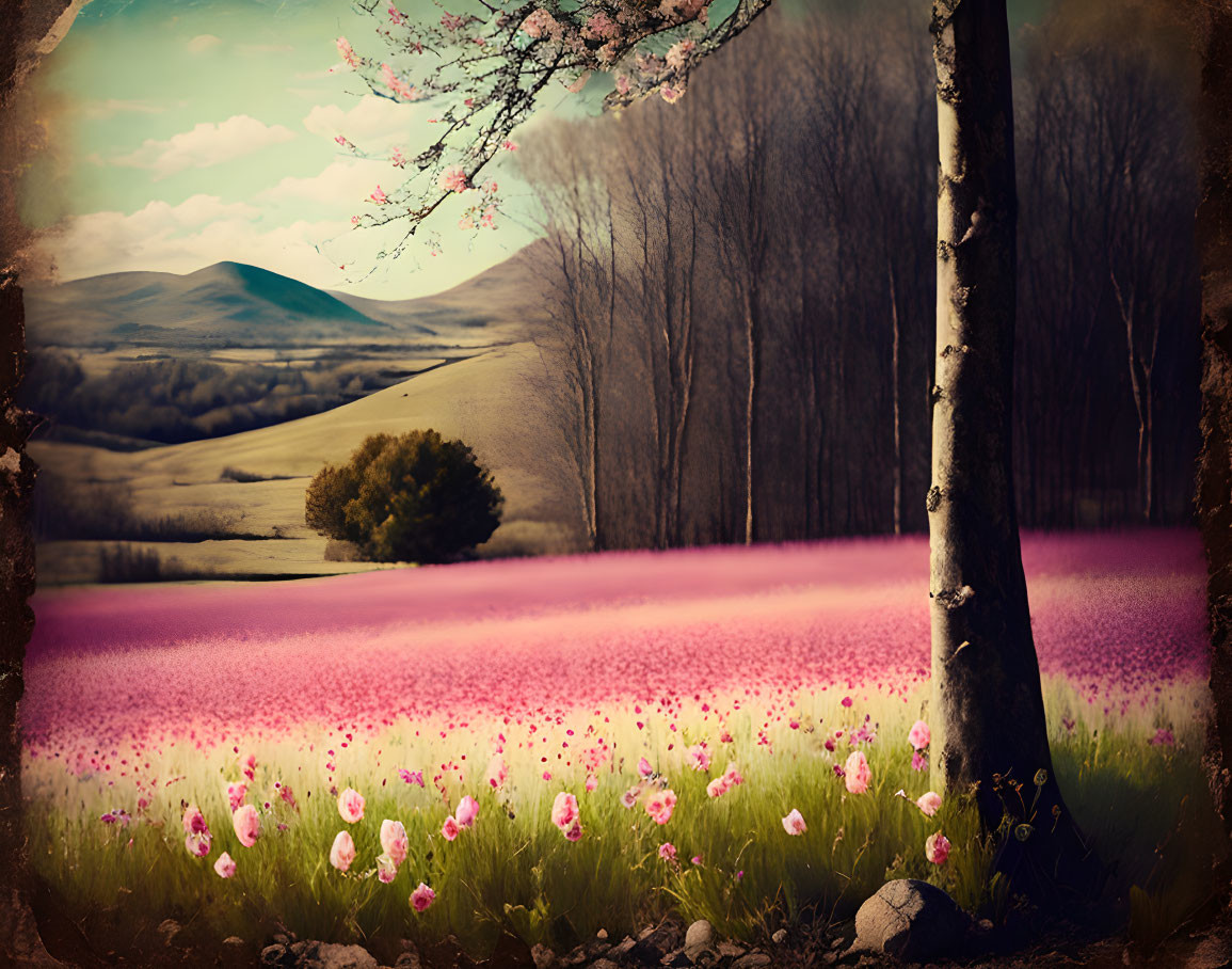 Pink and White Tulip Field with Blossoming Trees and Rolling Hills