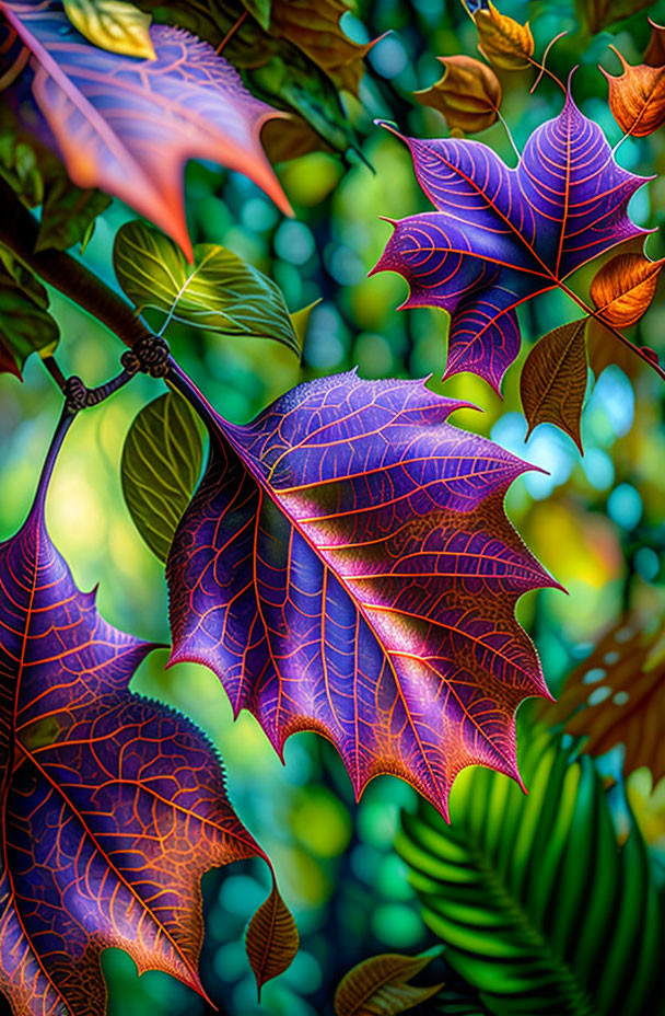 Colorful Blue, Purple, and Orange Leaves with Vein Patterns on Green Background