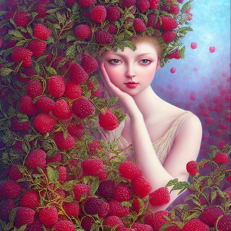 Surreal portrait of contemplative person in raspberry bushes