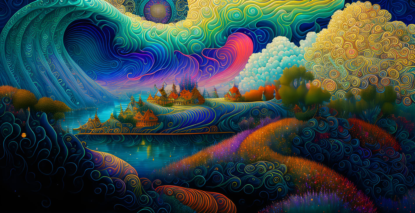 Colorful psychedelic landscape with swirling patterns and stylized buildings