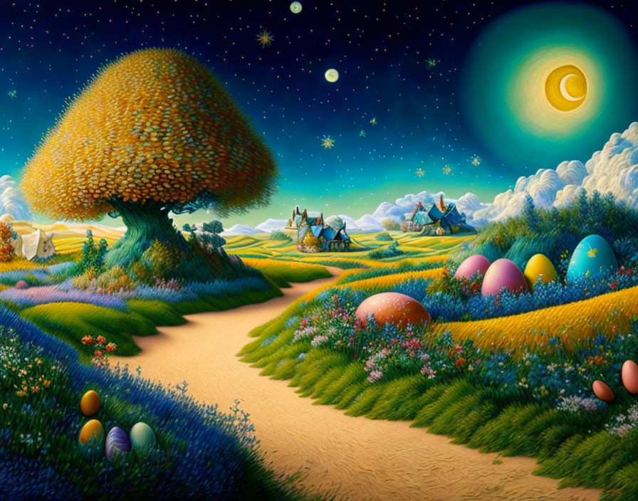 Colorful landscape with oversized eggs, flowering fields, tree, hills, carriage, night sky.