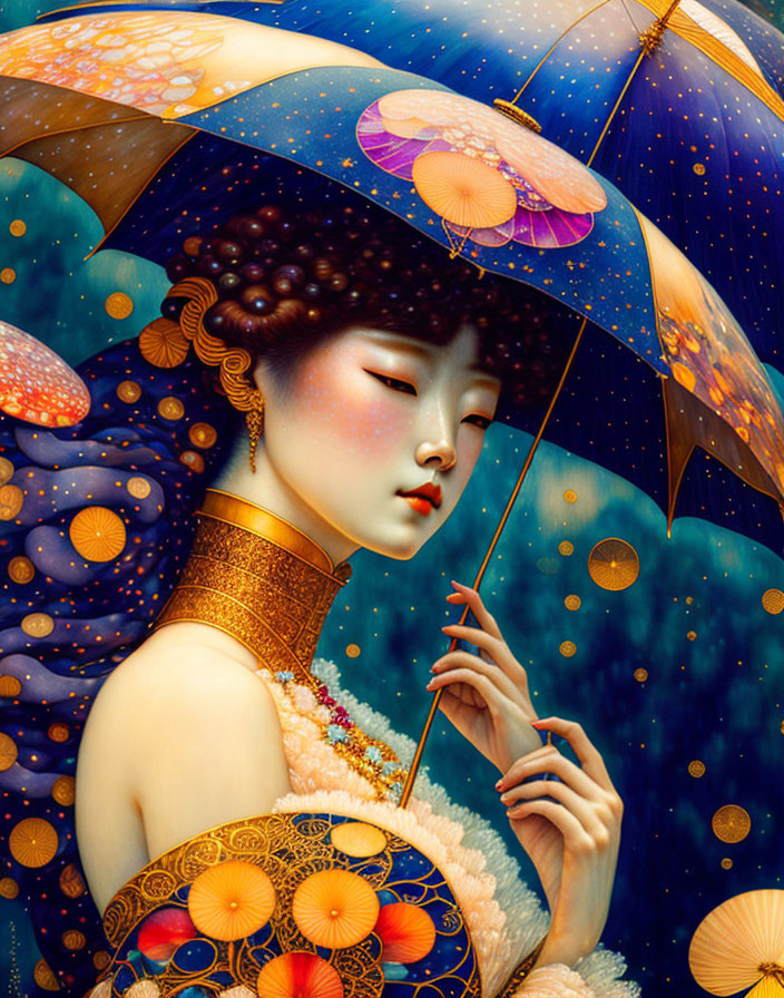 Traditional Attire Woman with Umbrella and Glowing Orbs in Dreamlike Setting