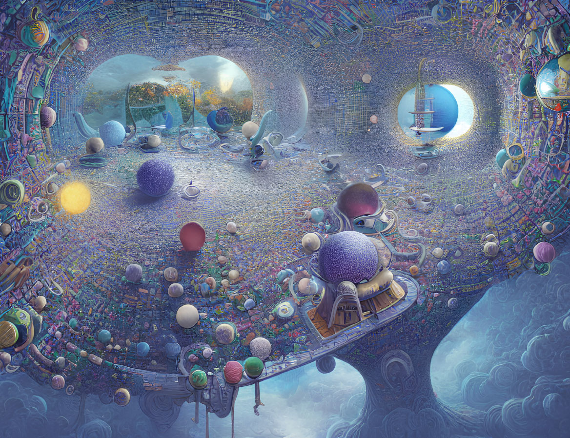 Colorful Surreal Room with Spheres and Balloon-like Objects