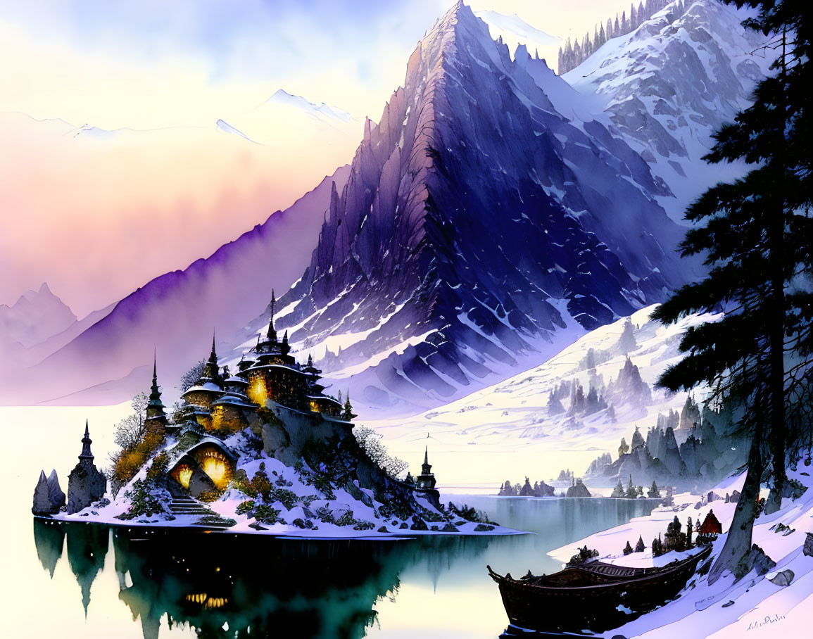 Winter Dusk Scene: Castle by Lakeside, Snowy Mountains, Boat