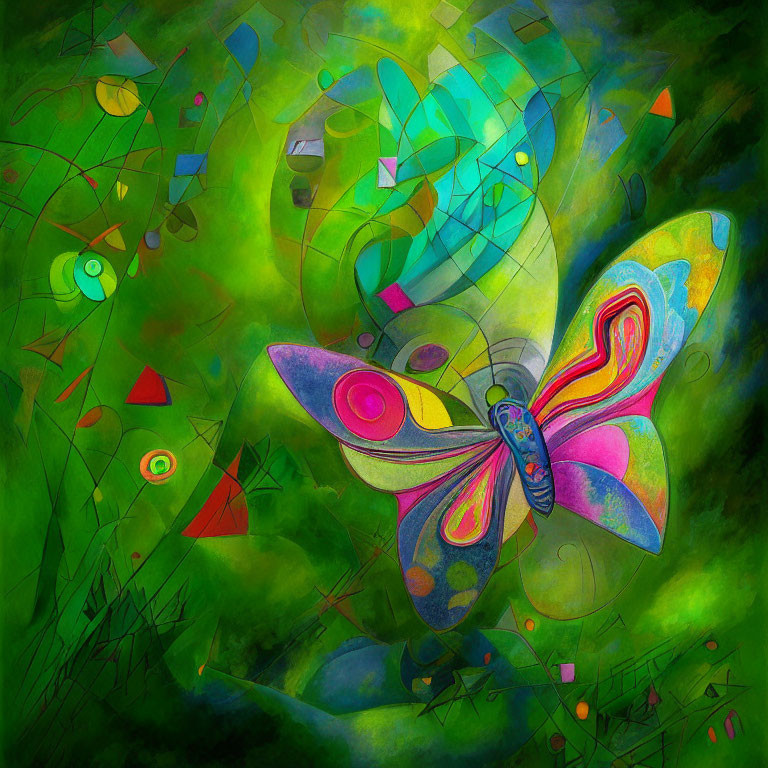 Colorful Abstract Butterfly Art on Green Textured Background