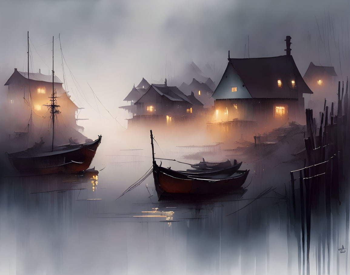 Tranquil misty harbor with moored boats and warm-lit house