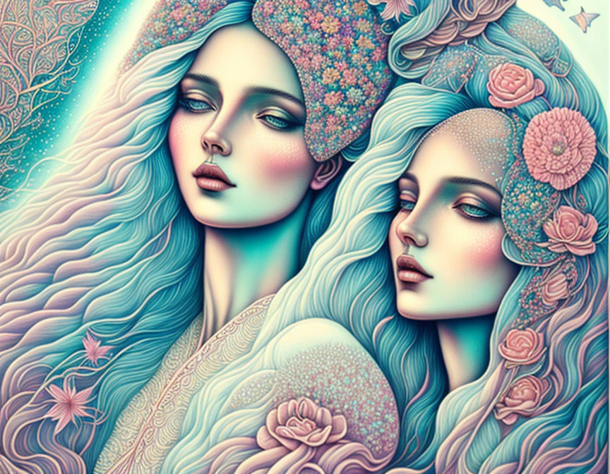 Ethereal women with floral adornments in soft pastel colors