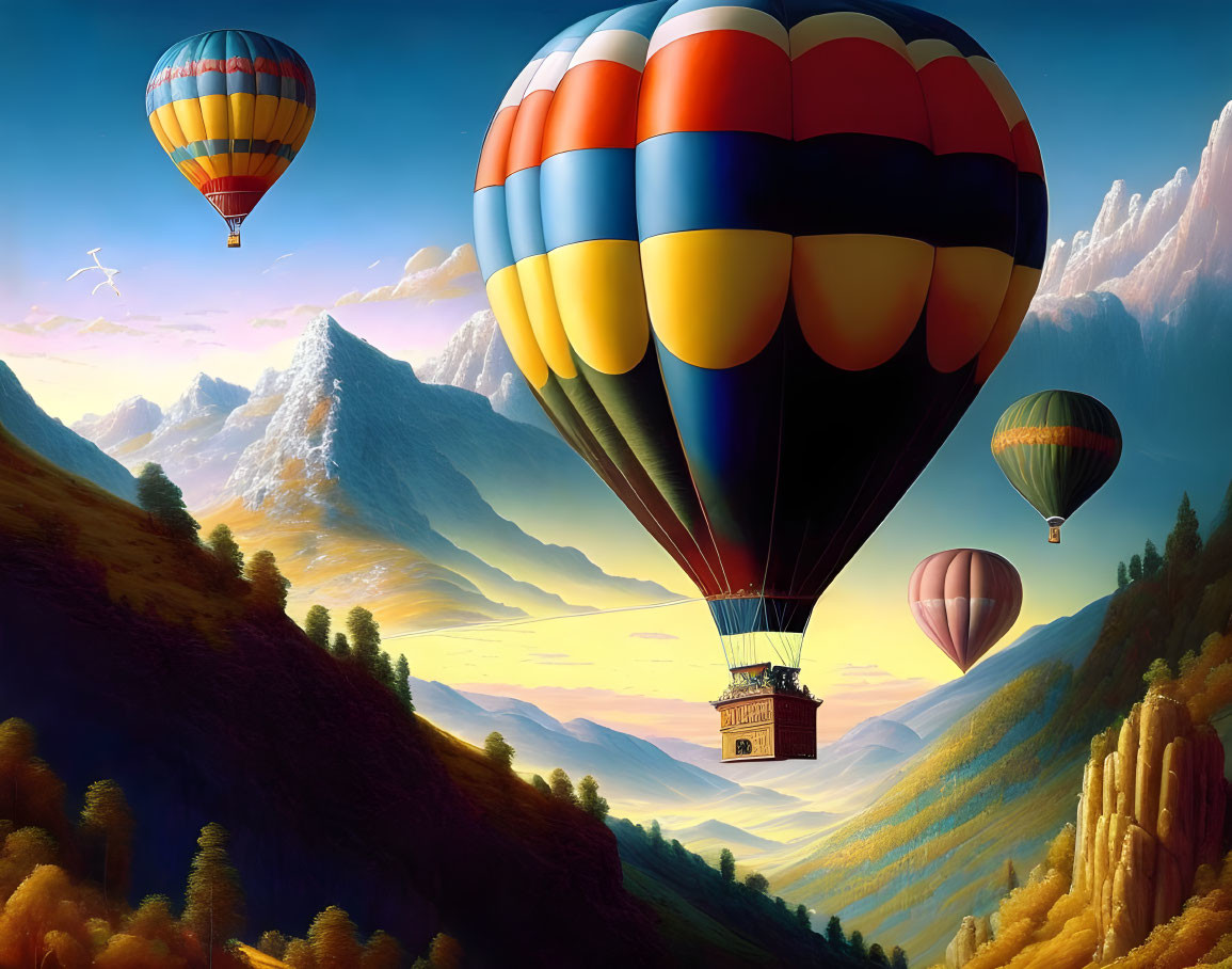 Vibrant hot air balloons over sunlit valley and mountains