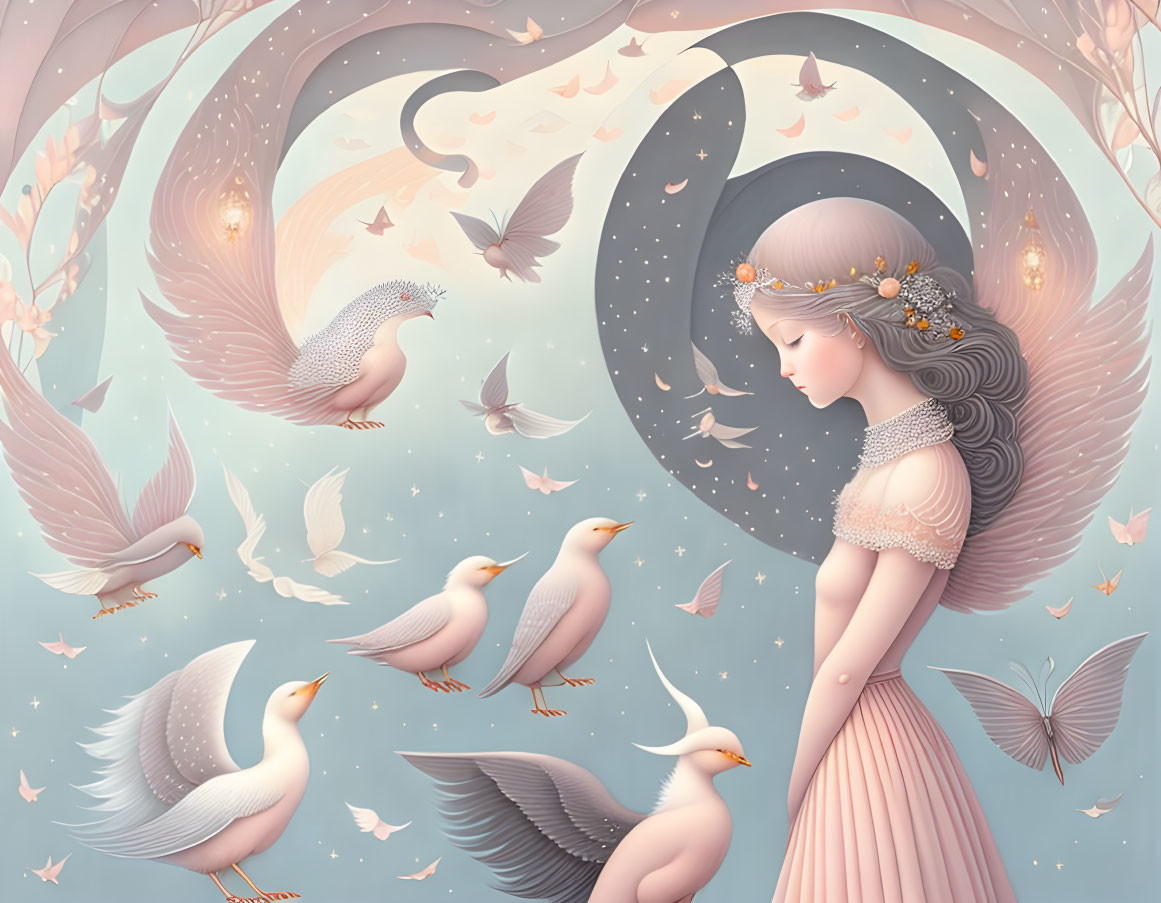 Girl surrounded by swirling patterns and doves in soft color palette