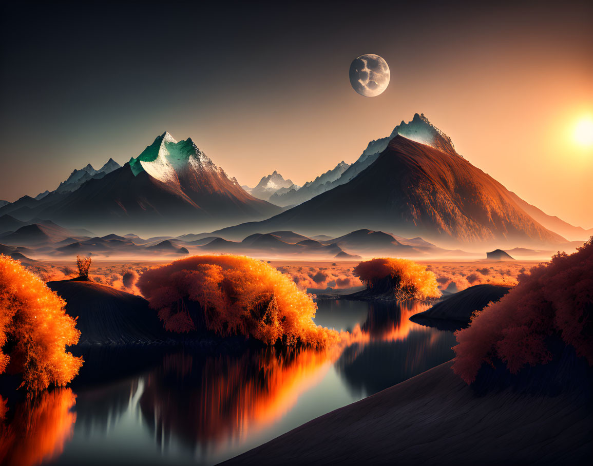 Vibrant orange trees, snow-capped mountains, serene river in surreal sunset landscape