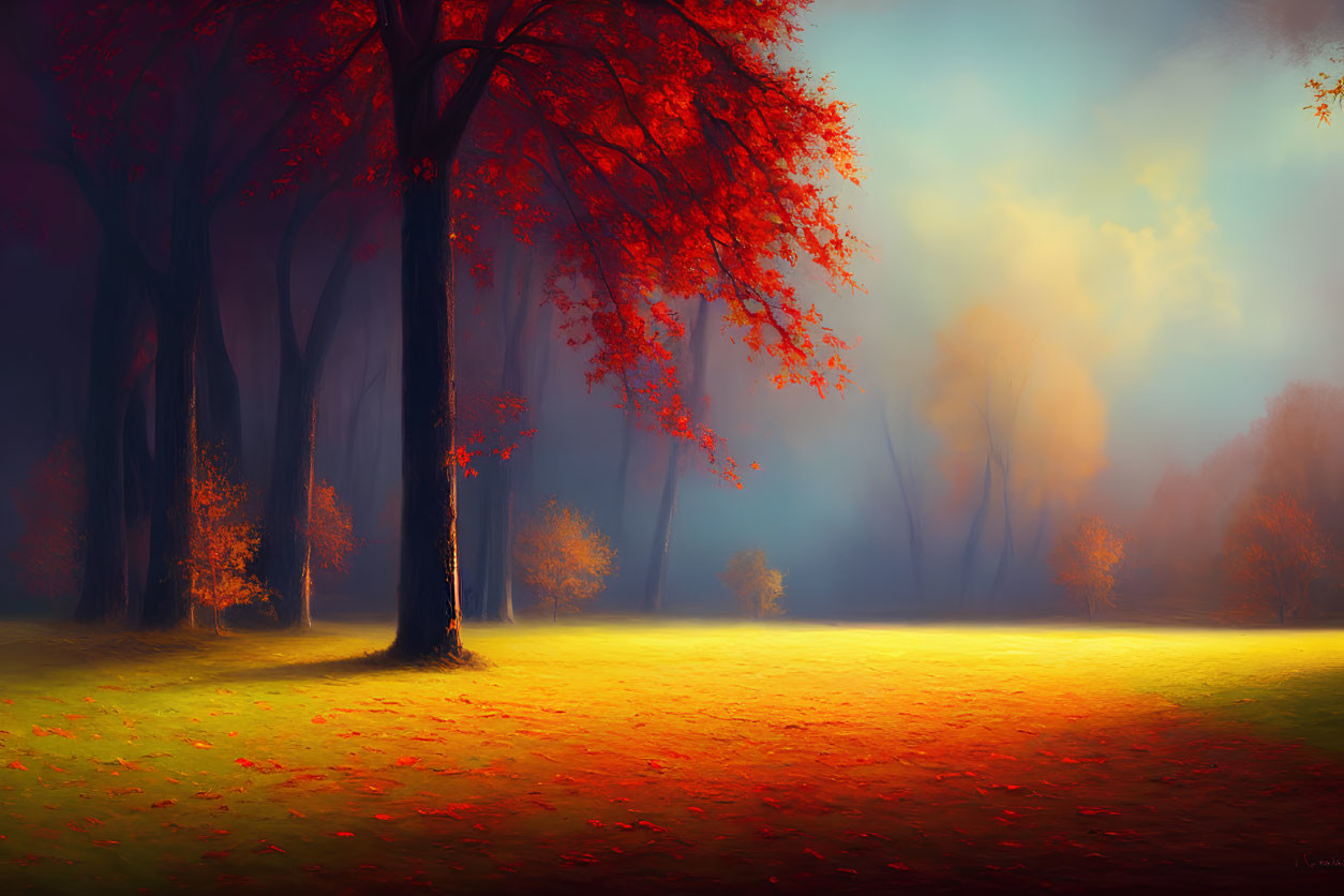 Vibrant red and orange autumn leaves in serene scene