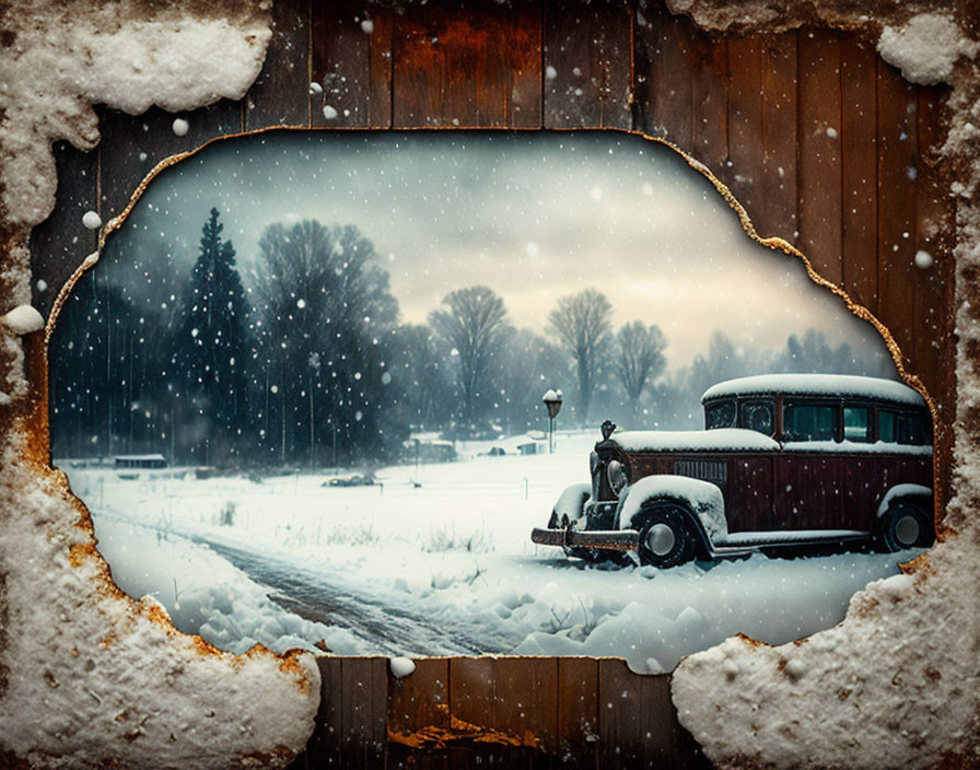 Vintage Car in Snowy Landscape Through Frosty Hole