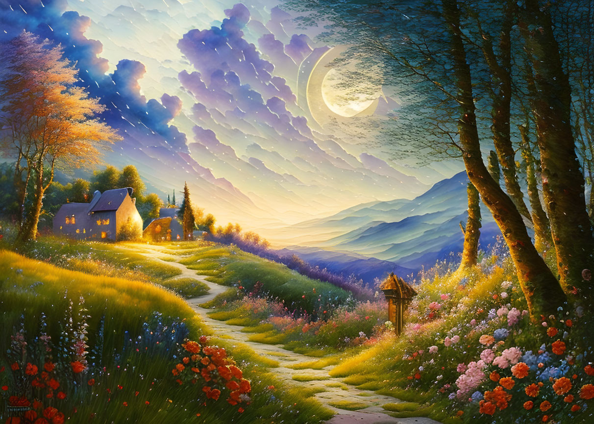 Floral Path Painting: Cottage, Moon, Clouds & Mountains