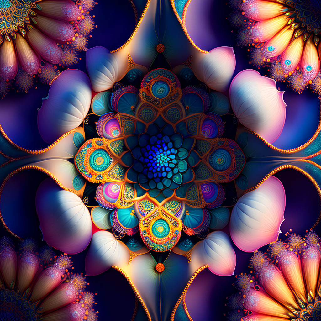 Colorful digital fractal art: intricate patterns in a blooming flower design