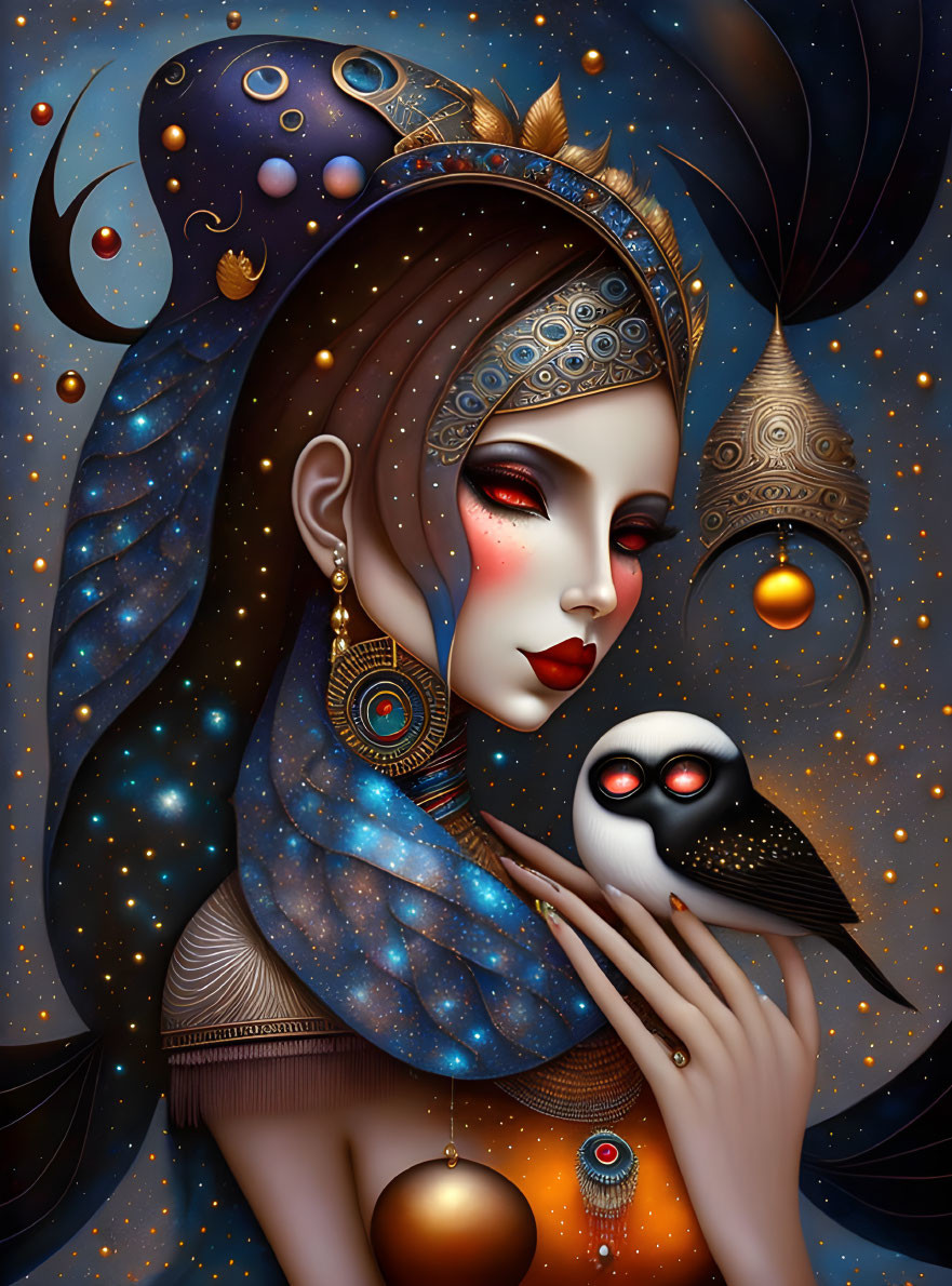 Cosmic-themed woman holding owl in ornate jewelry against starry background