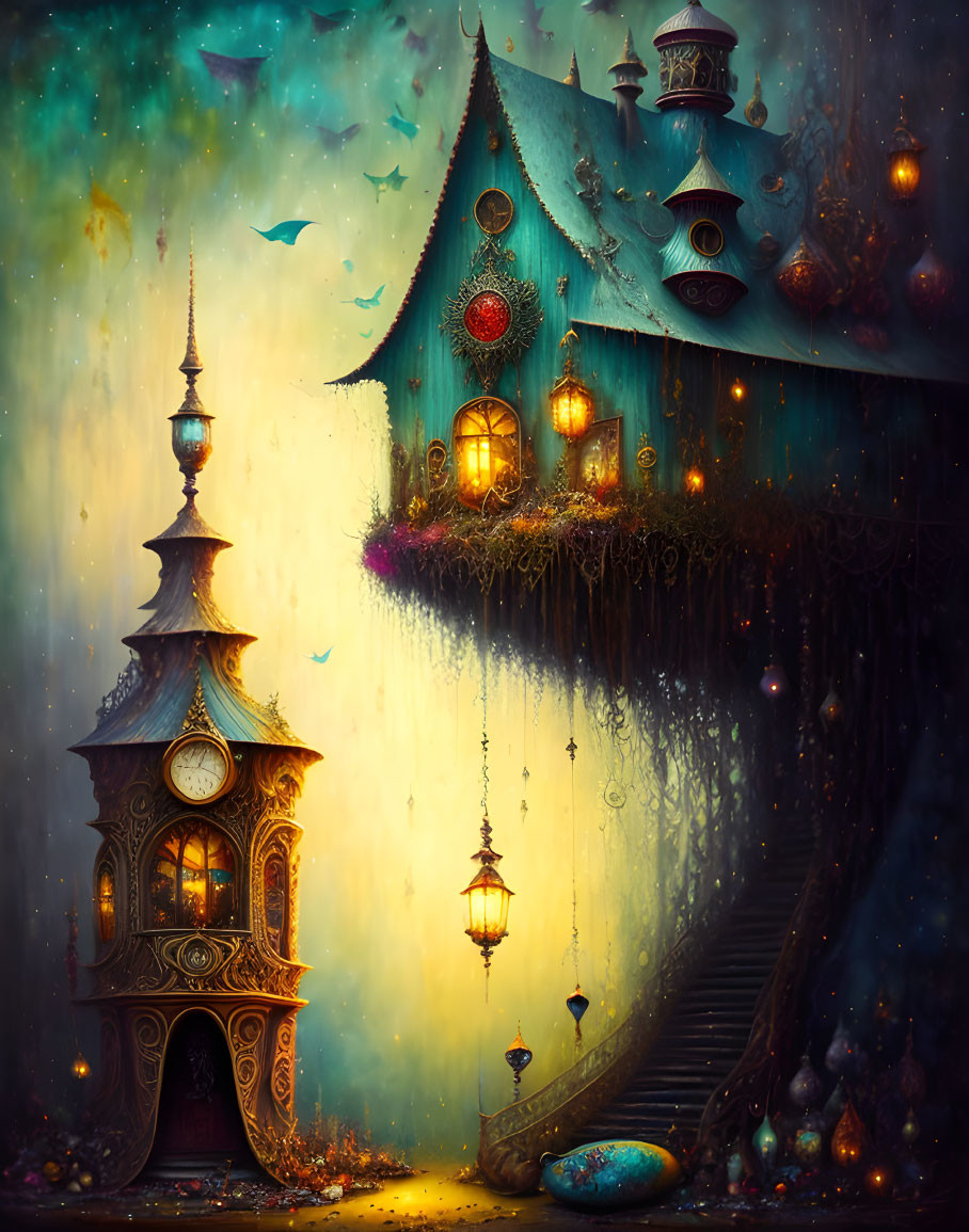 Fantasy house with ornate windows, lanterns, grand staircase, glowing orbs, vibrant foliage,