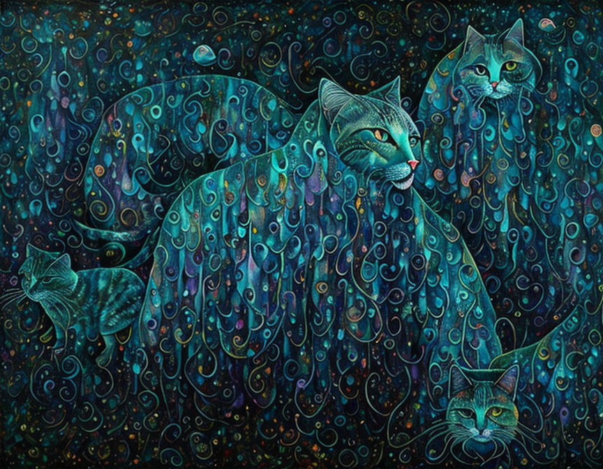 Colorful cosmic painting with blue cats in swirling patterns on a starry background