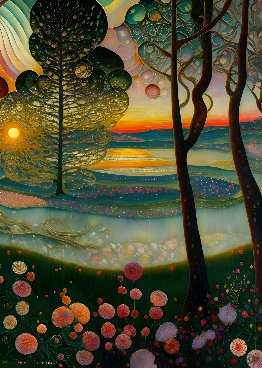 Colorful Stylized Landscape Painting with Whimsical Trees and Sunset