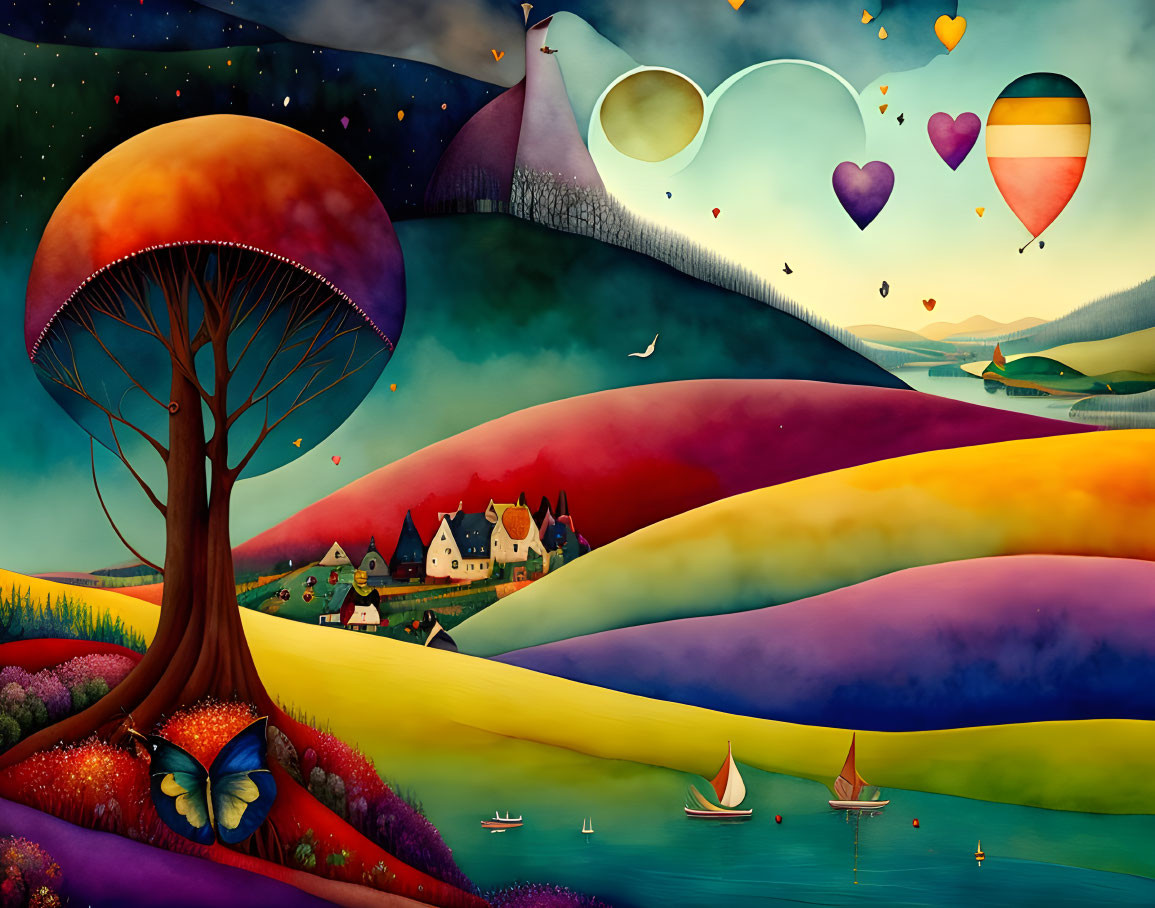 Colorful Landscape with Tree, Hills, Heart-Shaped Balloons, Village, and Butterfly