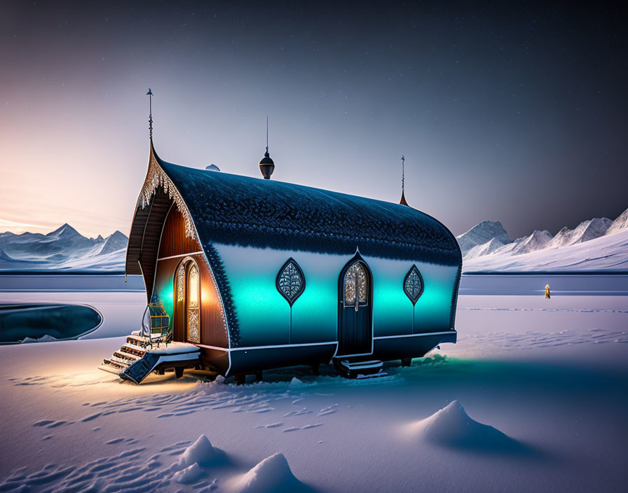 Unique curved architecture chapel in snowy twilight landscape