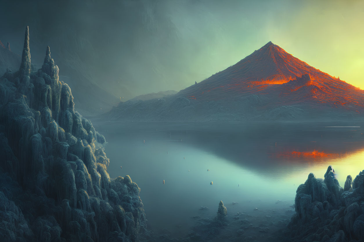 Ethereal sunset landscape with glowing volcanic mountain and calm lake