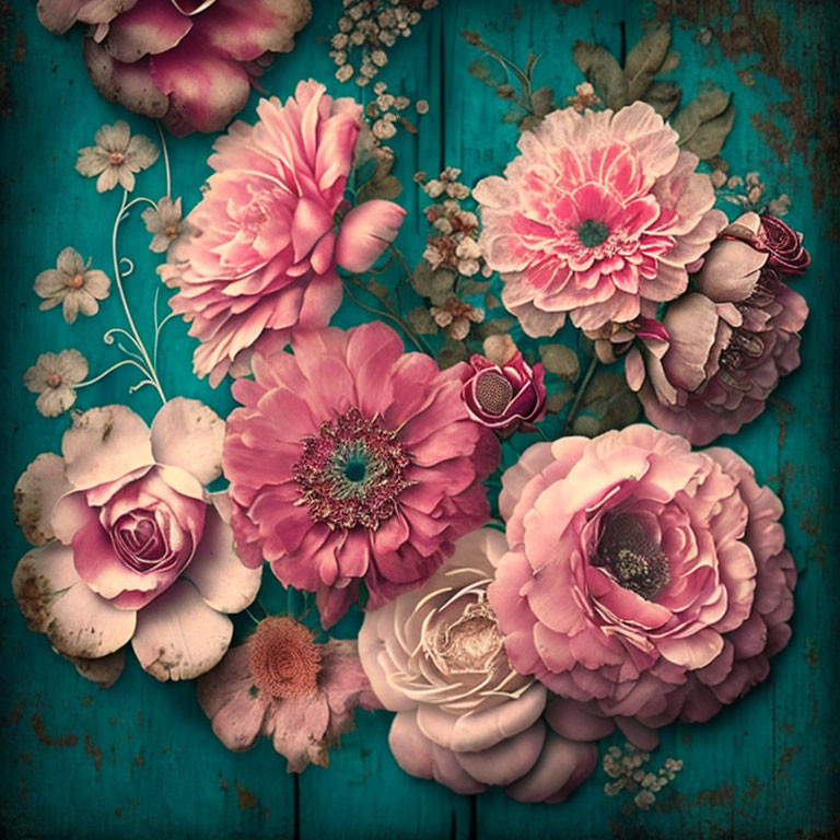 Vibrant Vintage-Style Flowers on Distressed Turquoise Wooden Background