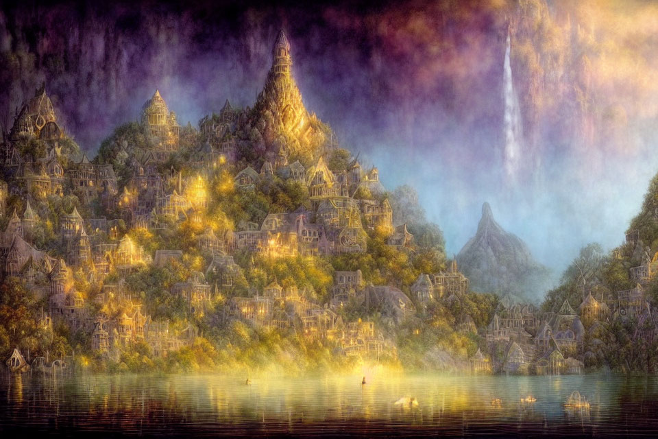 Mystical landscape with illuminated hilltop village and waterfall in misty setting