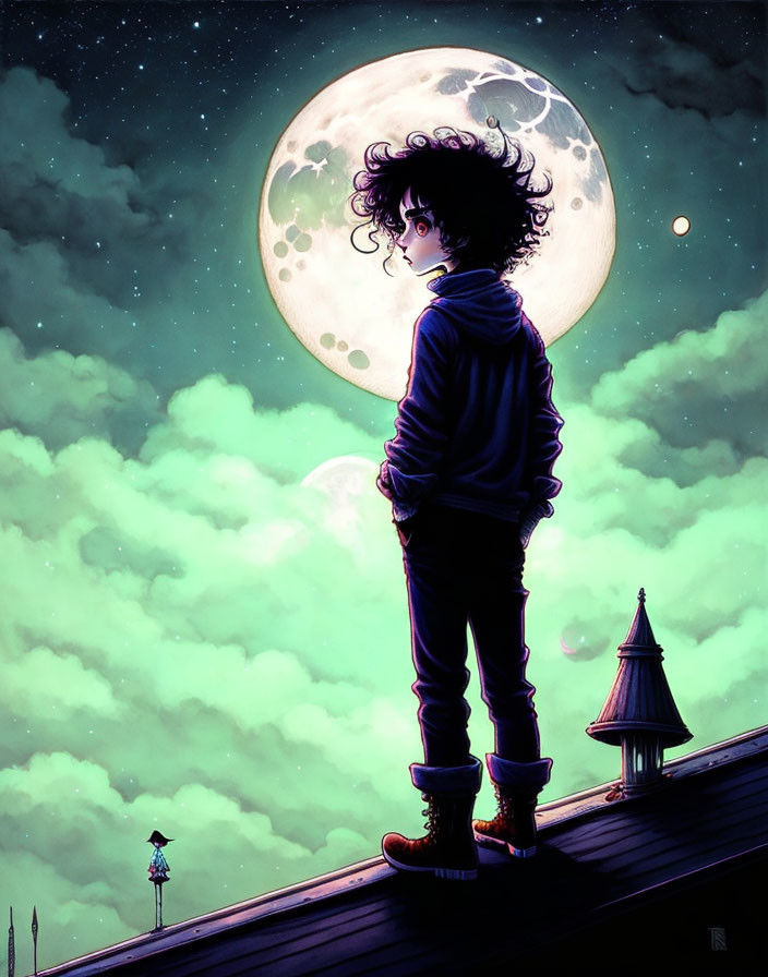 Young person on rooftop admiring moon and stars at night