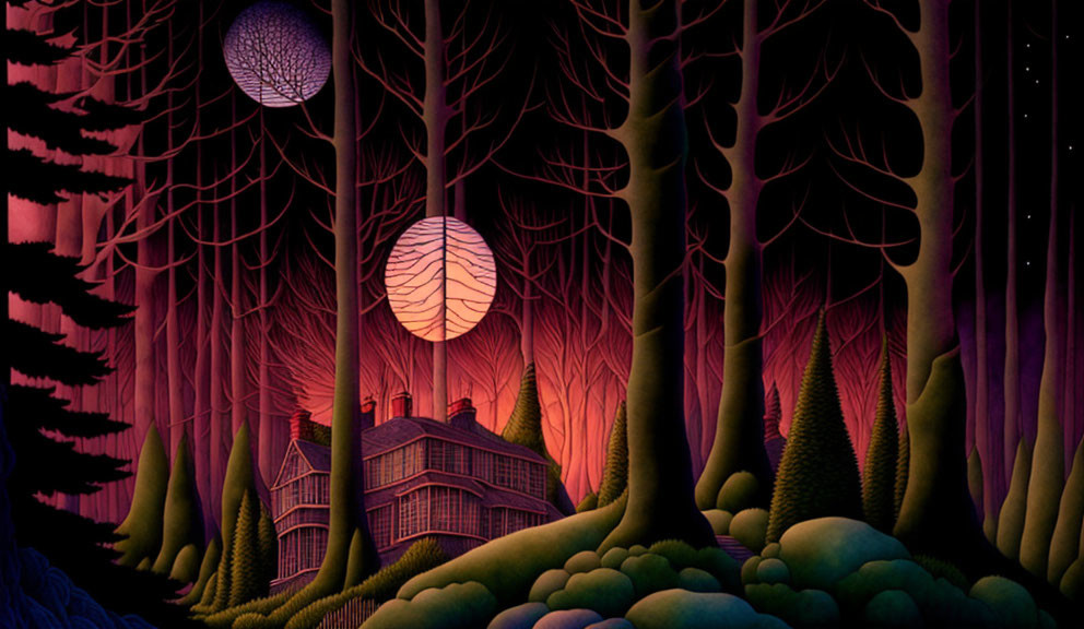 Mysterious forest house illustration with eerie night lighting