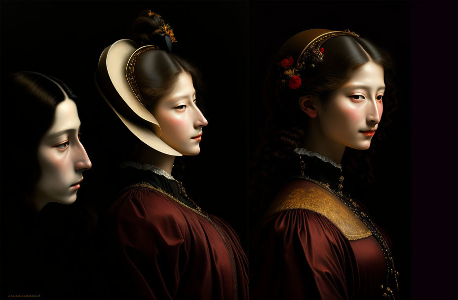 Three Renaissance-style portraits of a woman in different angles on dark background