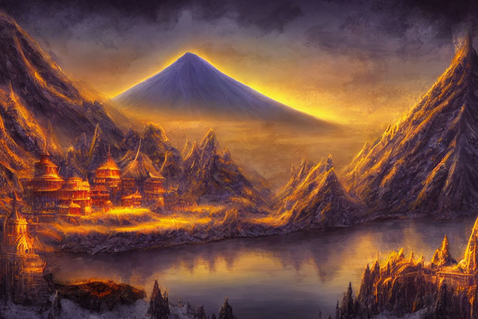 Ethereal fantasy landscape with tranquil lake, enchanting buildings, mountains, and serene volcano at dusk