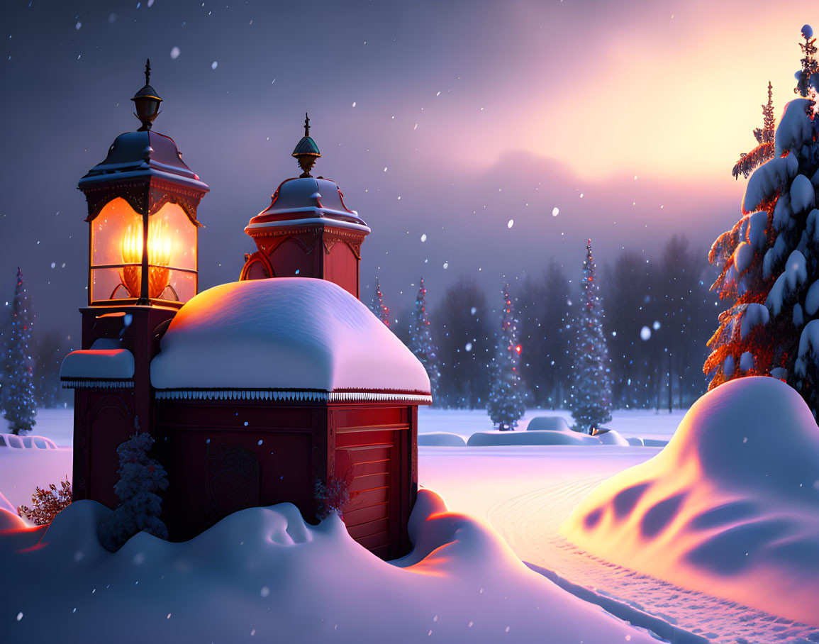 Snow-covered houses and glowing streetlamp in serene winter dusk scene