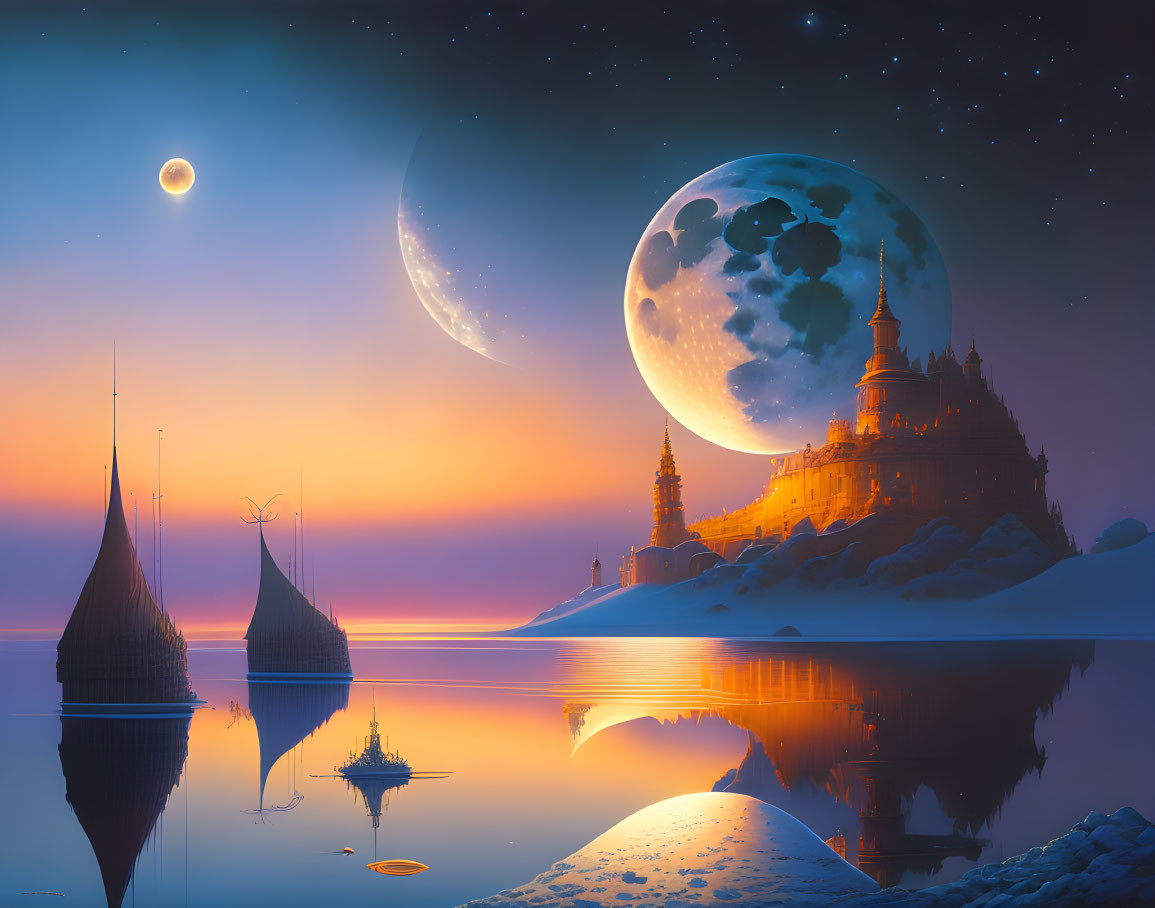 Fantasy landscape with castle, moons, and boats at dusk