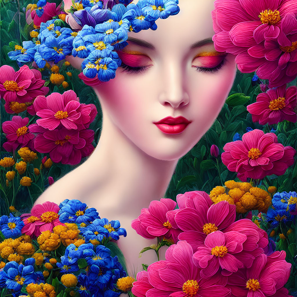 Woman's face surrounded by vibrant blue and pink flowers in serene artwork