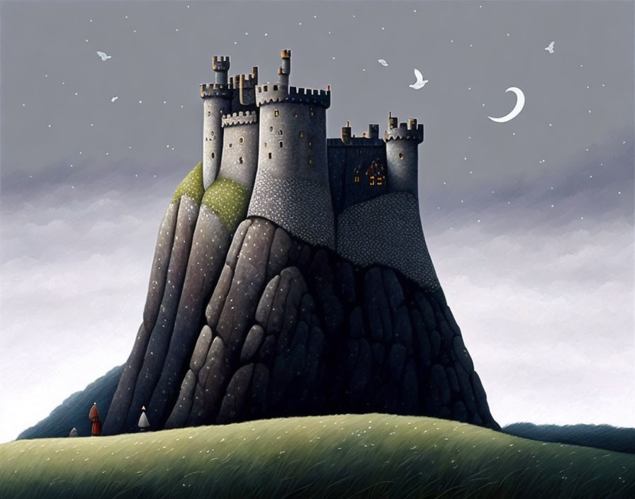 Stone castle on steep hill under crescent moon with figure - night sky illustration