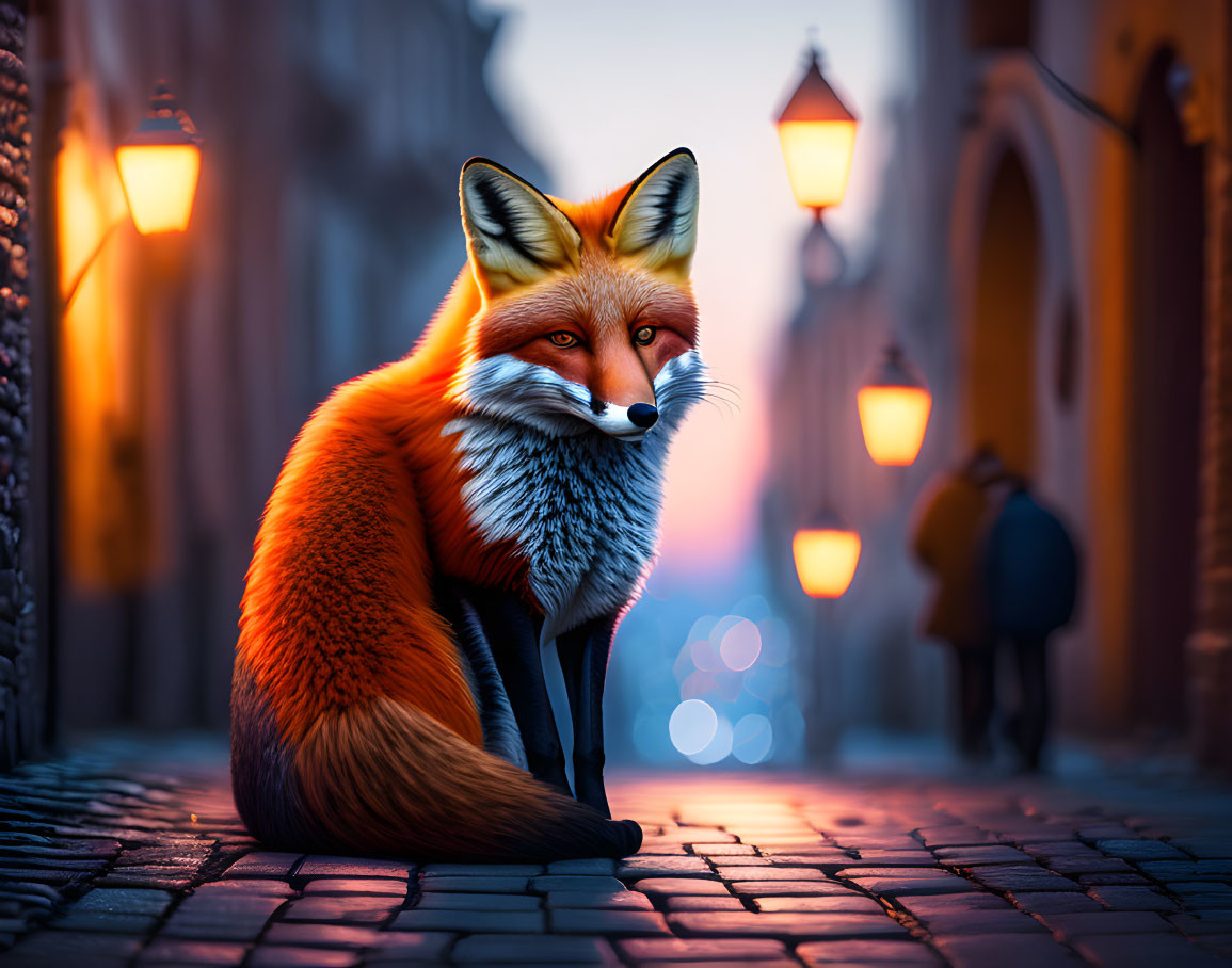 Colorful Fox on Cobblestone Street at Twilight with Vintage Lamps