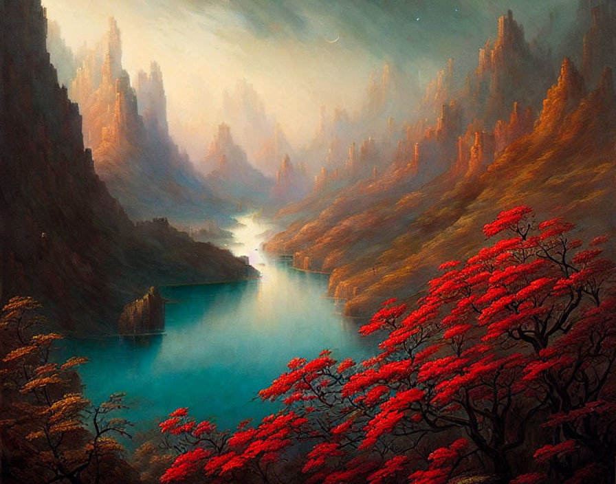 Misty river valley painting with towering cliffs and red tree