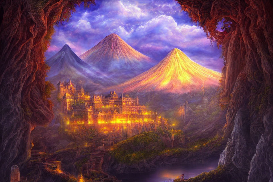 Fantastical landscape with illuminated castle between twin volcanoes