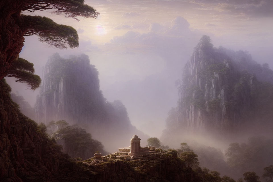 Misty mountain peaks, majestic tree, ancient temple in warm glow