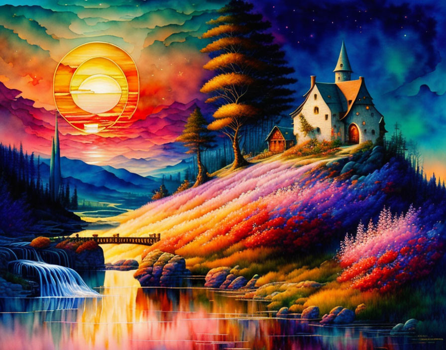 Colorful landscape painting with house, waterfall, bridge, flowers, and sunset.