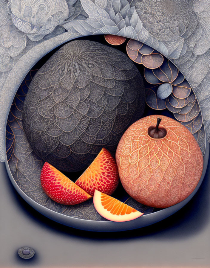 Hyper-realistic digital artwork of various fruits on ornate plate