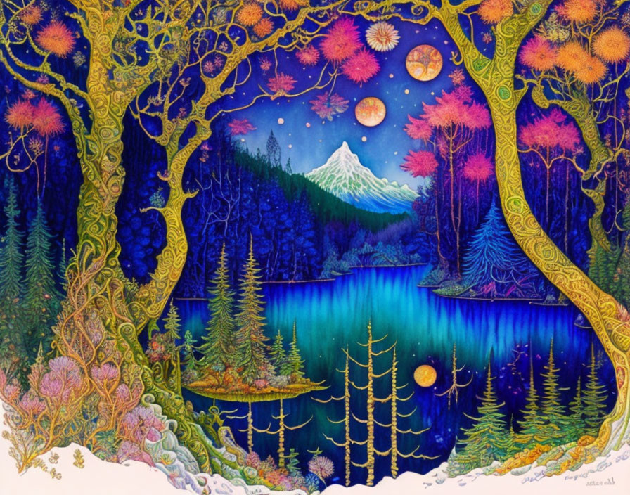 Colorful Artwork: Whimsical Forest Scene with Lake, Mountain, and Starry Sky