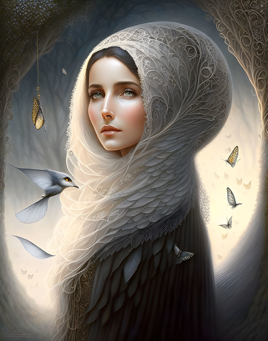 Woman in feathered cloak with butterflies and bird in mystical forest