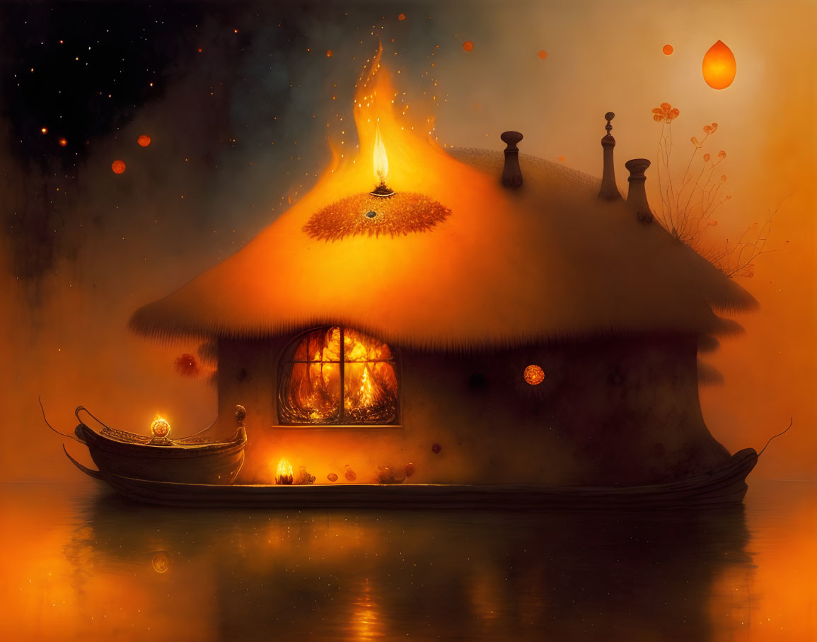 Enchanting illuminated fantasy house on boat with thatched roof