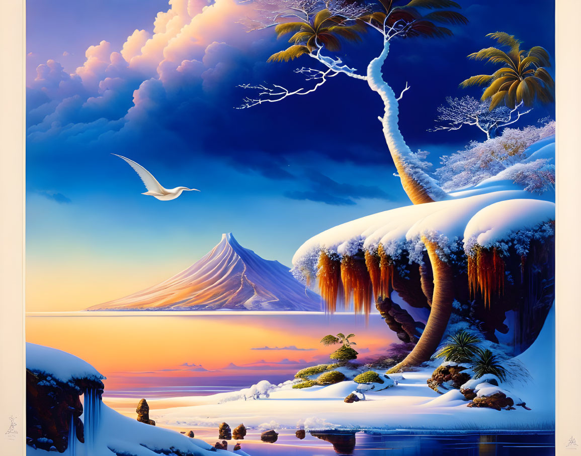 Surreal landscape artwork: tropical beach to snowy scene with mountain